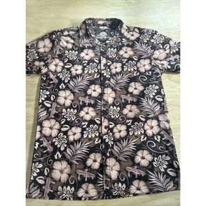 Retro Rifle Shotgun Safari Shirt Men's Large Stretch Tropical Floral Brown